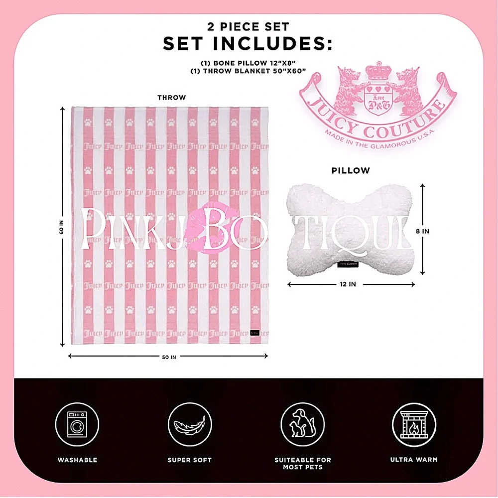💗🐾 2pc {Juicy Couture} Pink Stripe {Paws} Throw Blanket+Bone Shape Pillow Set!